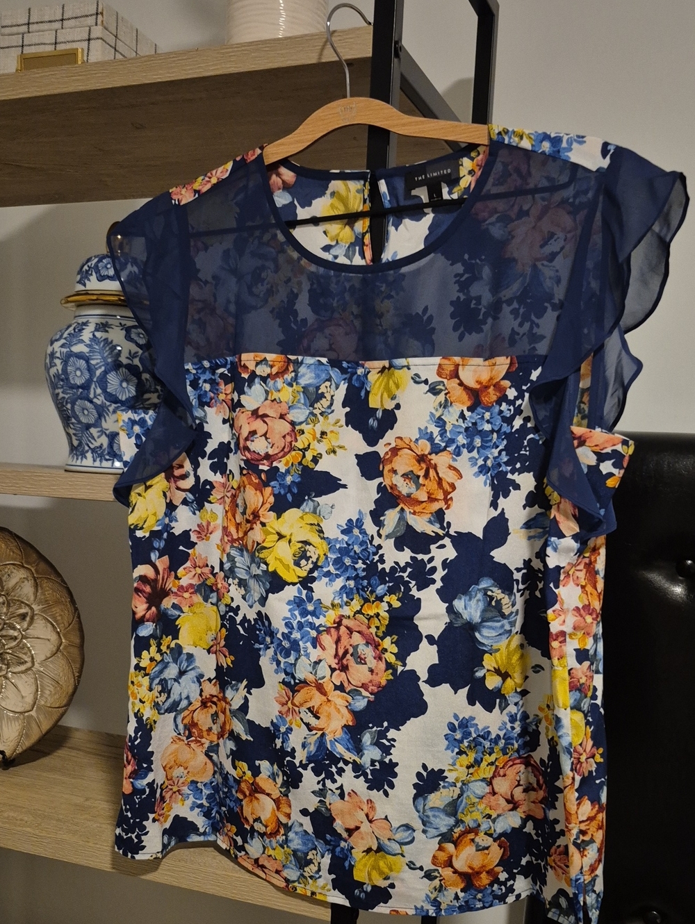 The Limited Navy Multi Floral Ruffle-Sleeve Blouse